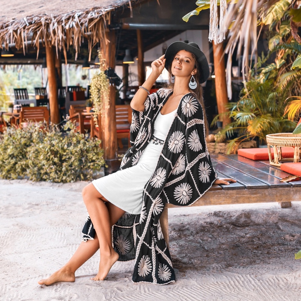 Flora handmade crochet Embroidered Kimono Duster vacation holidays one plus size